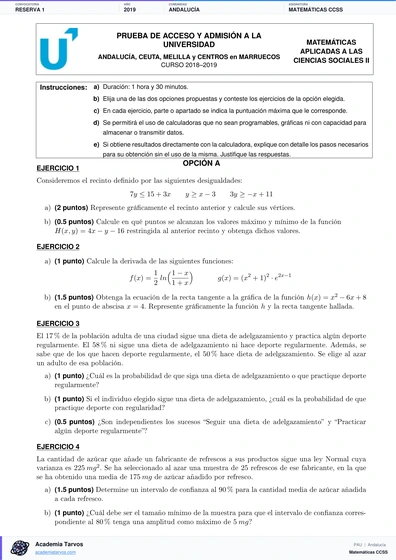 Vista previa de Examen PAU de Matemáticas CCSS de Andalucía 2019 – Reserva 1