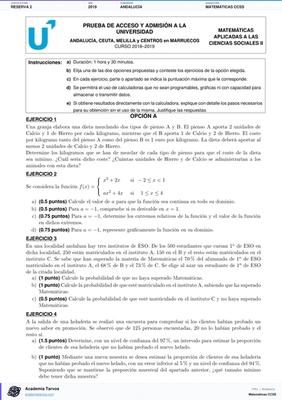 Vista previa de Examen PAU de Matemáticas CCSS de Andalucía 2019 – Reserva 2