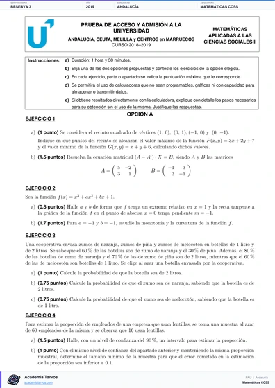 Vista previa de Examen PAU de Matemáticas CCSS de Andalucía 2019 – Reserva 3