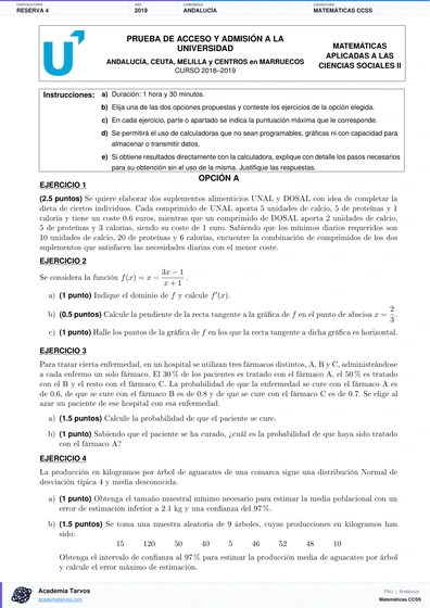 Vista previa de Examen PAU de Matemáticas CCSS de Andalucía 2019 – Reserva 4