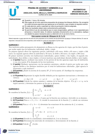 Vista previa de Examen PAU de Matemáticas CCSS de Andalucía 2020 – Extraordinaria