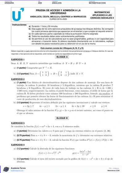 Vista previa de Examen PAU de Matemáticas CCSS de Andalucía 2020 – Ordinaria