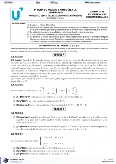 Vista previa de Examen PAU de Matemáticas CCSS de Andalucía 2020 – Reserva 1