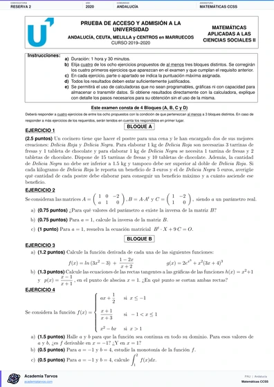 Vista previa de Examen PAU de Matemáticas CCSS de Andalucía 2020 – Reserva 2
