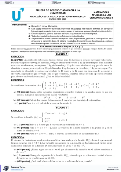 Vista previa de Examen PAU de Matemáticas CCSS de Andalucía 2020 – Reserva 3