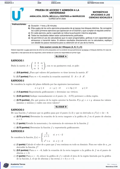 Vista previa de Examen PAU de Matemáticas CCSS de Andalucía 2020 – Reserva 4