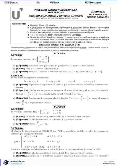Vista previa de Examen PAU de Matemáticas CCSS de Andalucía 2021 – Extraordinaria