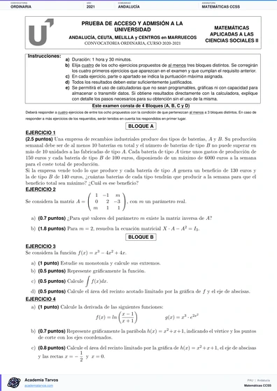 Vista previa de Examen PAU de Matemáticas CCSS de Andalucía 2021 – Ordinaria