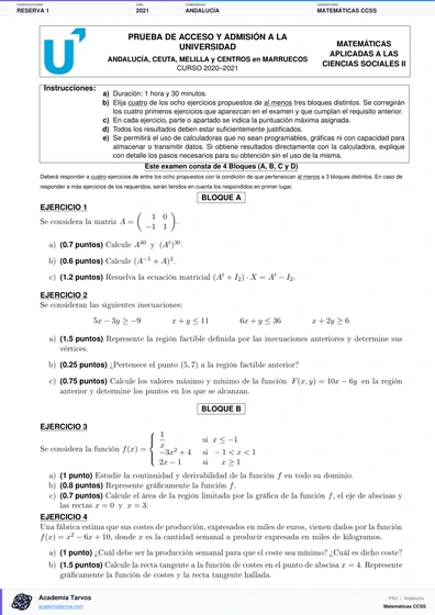 Vista previa de Examen PAU de Matemáticas CCSS de Andalucía 2021 – Reserva 1