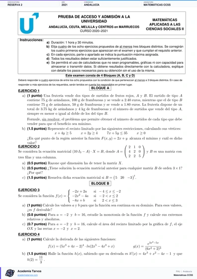 Vista previa de Examen PAU de Matemáticas CCSS de Andalucía 2021 – Reserva 2