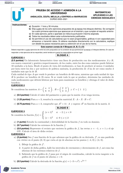 Vista previa de Examen PAU de Matemáticas CCSS de Andalucía 2021 – Reserva 3
