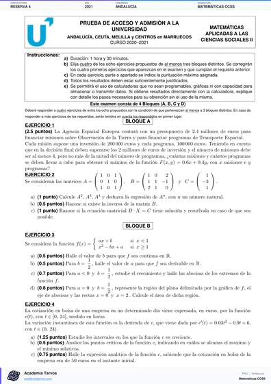 Vista previa de Examen PAU de Matemáticas CCSS de Andalucía 2021 – Reserva 4