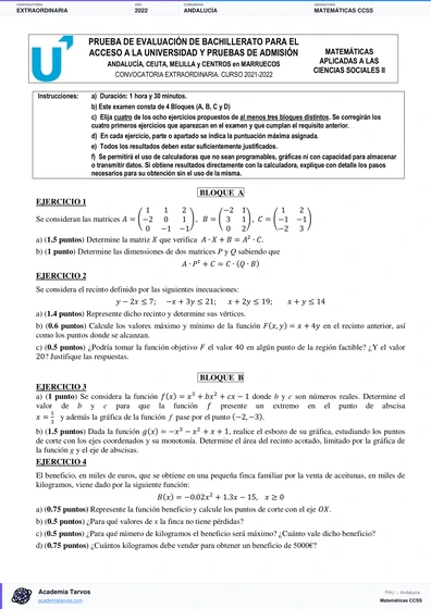 Vista previa de Examen PAU de Matemáticas CCSS de Andalucía 2022 – Extraordinaria