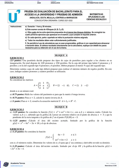 Vista previa de Examen PAU de Matemáticas CCSS de Andalucía 2022 – Ordinaria