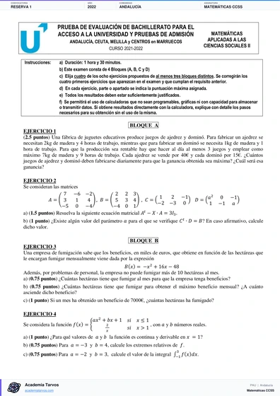 Vista previa de Examen PAU de Matemáticas CCSS de Andalucía 2022 – Reserva 1