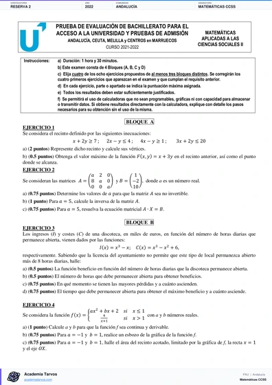Vista previa de Examen PAU de Matemáticas CCSS de Andalucía 2022 – Reserva 2