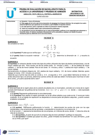 Vista previa de Examen PAU de Matemáticas CCSS de Andalucía 2023 – Extraordinaria