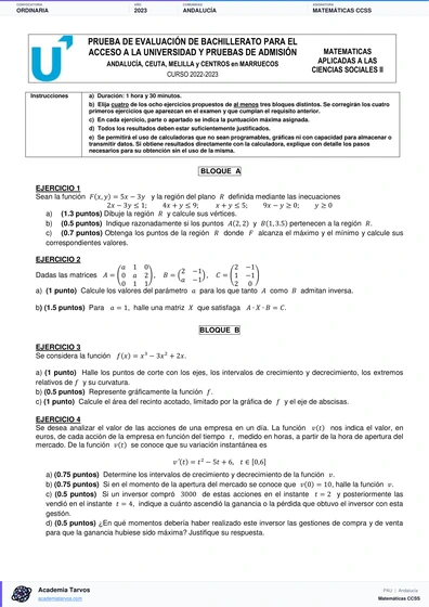 Vista previa de Examen PAU de Matemáticas CCSS de Andalucía 2023 – Ordinaria