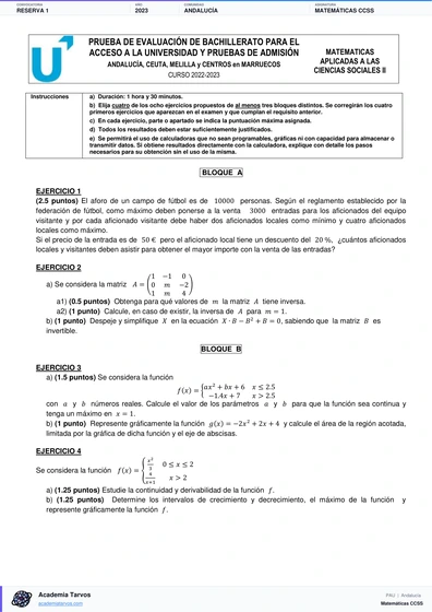 Vista previa de Examen PAU de Matemáticas CCSS de Andalucía 2023 – Reserva 1