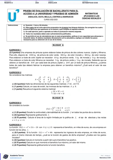 Vista previa de Examen PAU de Matemáticas CCSS de Andalucía 2023 – Reserva 2