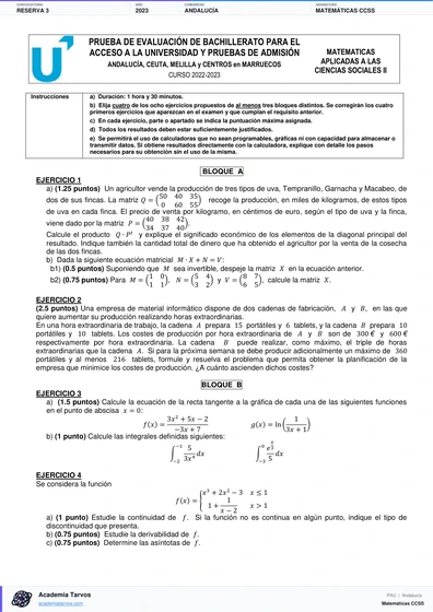 Vista previa de Examen PAU de Matemáticas CCSS de Andalucía 2023 – Reserva 3