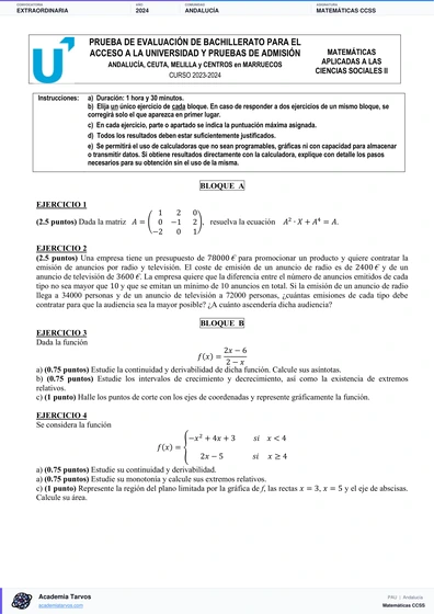 Vista previa de Examen PAU de Matemáticas CCSS de Andalucía 2024 – Extraordinaria