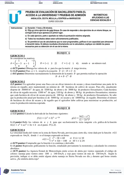 Vista previa de Examen PAU de Matemáticas CCSS de Andalucía 2024 – Ordinaria