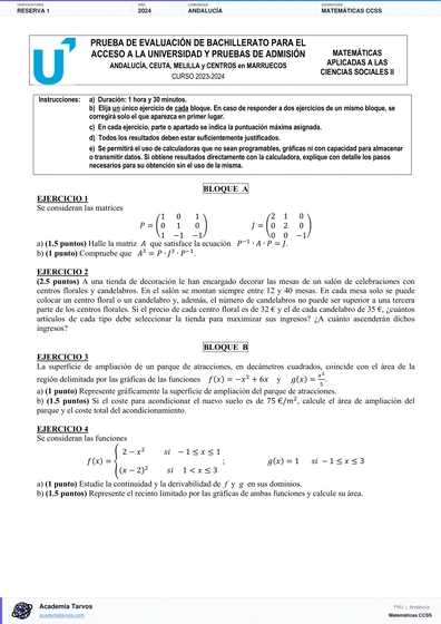 Vista previa de Examen PAU de Matemáticas CCSS de Andalucía 2024 – Reserva 1