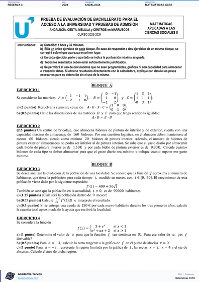Vista previa de Examen PAU de Matemáticas CCSS de Andalucía 2024 – Reserva 3