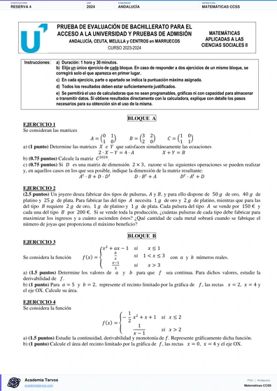 Vista previa de Examen PAU de Matemáticas CCSS de Andalucía 2024 – Reserva 4