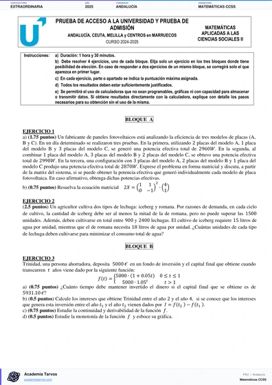 Vista previa de Examen PAU de Matemáticas CCSS de Andalucía 2025 – Extraordinaria