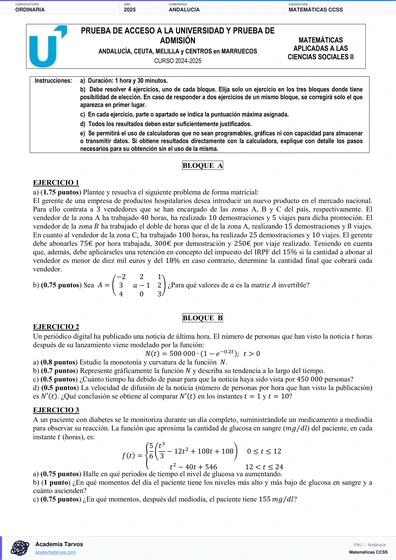 Vista previa de Examen PAU de Matemáticas CCSS de Andalucía 2025 – Ordinaria