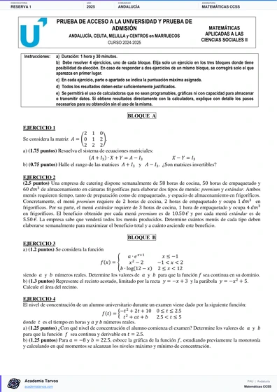 Vista previa de Examen PAU de Matemáticas CCSS de Andalucía 2025 – Reserva 1