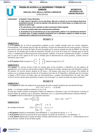 Vista previa de Examen PAU de Matemáticas CCSS de Andalucía 2025 – Reserva 2