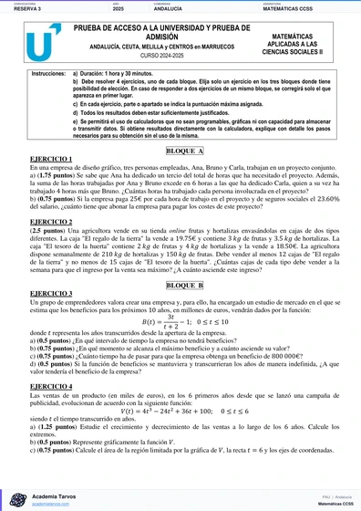 Vista previa de Examen PAU de Matemáticas CCSS de Andalucía 2025 – Reserva 3