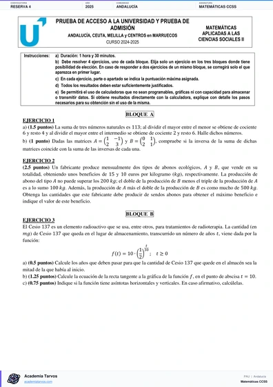 Vista previa de Examen PAU de Matemáticas CCSS de Andalucía 2025 – Reserva 4