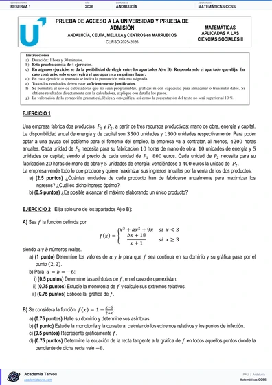 Vista previa de Examen PAU de Matemáticas CCSS de Andalucía 2026 – Reserva 1
