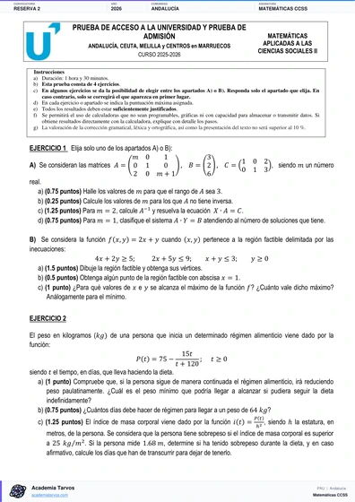 Vista previa de Examen PAU de Matemáticas CCSS de Andalucía 2026 – Reserva 2
