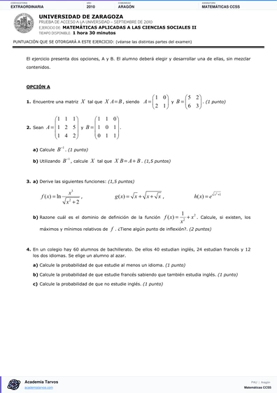 Vista previa de Examen PAU de Matemáticas CCSS de Aragón 2010 – Extraordinaria