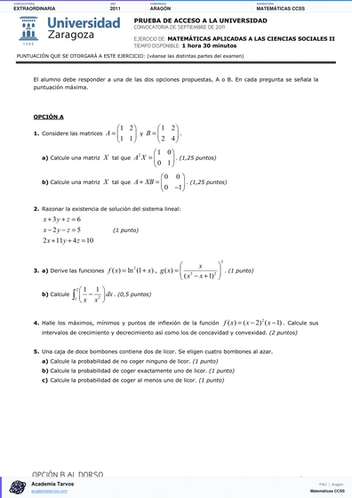 Vista previa de Examen PAU de Matemáticas CCSS de Aragón 2011 – Extraordinaria