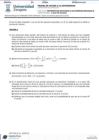 Vista previa de Examen PAU de Matemáticas CCSS de Aragón 2011 – Ordinaria