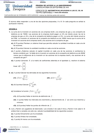 Vista previa de Examen PAU de Matemáticas CCSS de Aragón 2012 – Extraordinaria