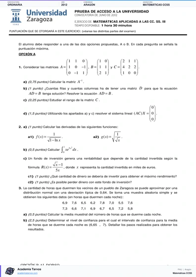 Vista previa de Examen PAU de Matemáticas CCSS de Aragón 2012 – Ordinaria