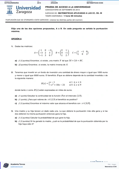 Vista previa de Examen PAU de Matemáticas CCSS de Aragón 2013 – Extraordinaria