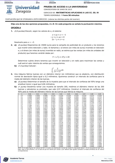 Vista previa de Examen PAU de Matemáticas CCSS de Aragón 2013 – Ordinaria