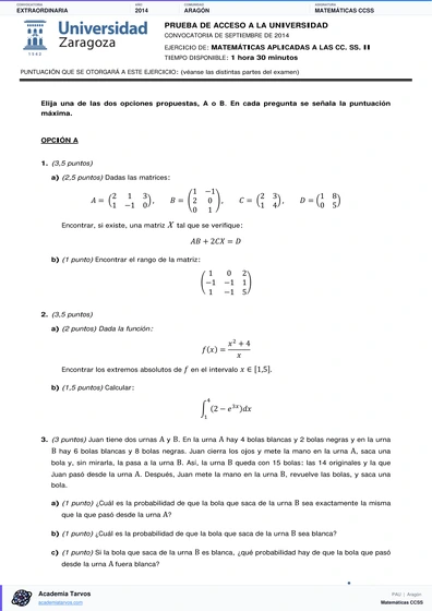 Vista previa de Examen PAU de Matemáticas CCSS de Aragón 2014 – Extraordinaria