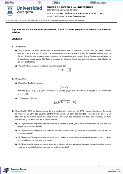 Vista previa de Examen PAU de Matemáticas CCSS de Aragón 2014 – Ordinaria