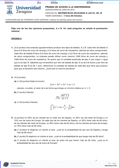 Vista previa de Examen PAU de Matemáticas CCSS de Aragón 2015 – Ordinaria