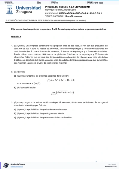 Vista previa de Examen PAU de Matemáticas CCSS de Aragón 2016 – Ordinaria