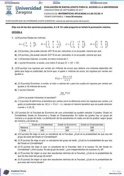 Vista previa de Examen PAU de Matemáticas CCSS de Aragón 2017 – Extraordinaria